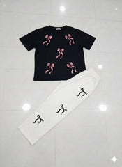 Bow Printed Night Suit for Girls White Black