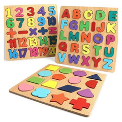 Wooden 3-in-1 ABC Number Shape Puzzle Set for Kids(Pack of three)
