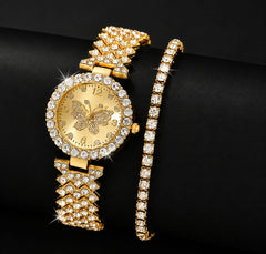 Rose Gold Butterfly Crystal Watch & Bracelet Set – Premium Women’s Jewelry Watch