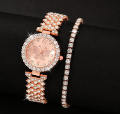 Rose Gold Butterfly Crystal Watch & Bracelet Set – Premium Women’s Jewelry Watch